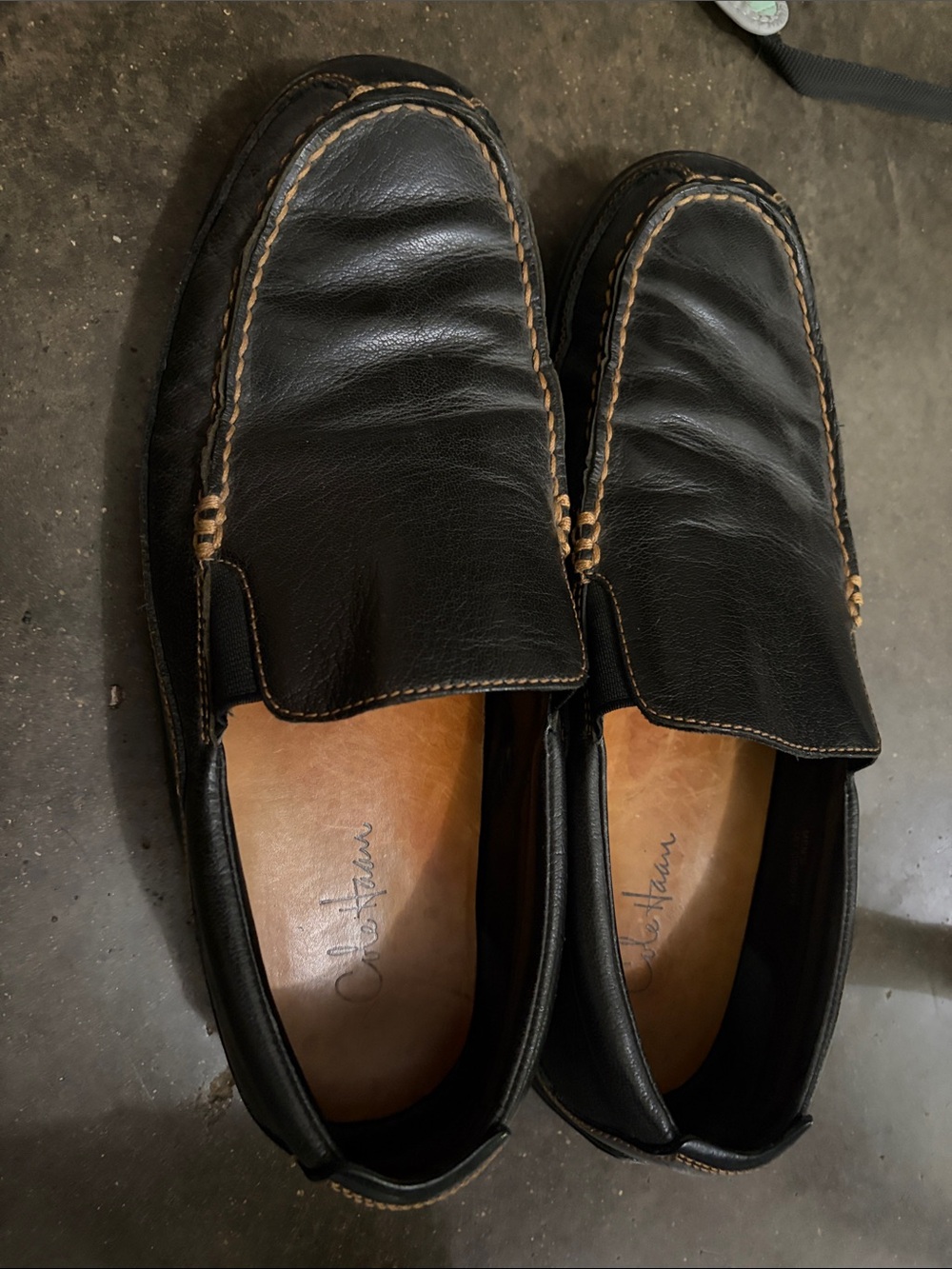 Cole Haan Black Leather Slip-On Loafers with Tan Stitching Tucker Loafer